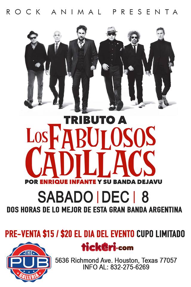 Primer Tributo a Los Fabulosos Cadillacs <a href="/lfcoficial/">Fabulosos Cadillacs</a> Saturday December 8th. By <a href="/Dejavulfr/">Dejavu Latin Fusion Rhythms</a> &amp; <a href="/enriqueinfante/">Enrique Infante</a> Get your tickets now: tickeri.com/events/5bc1728… Thanks to Rock Animal Houston, Ivan Oropeza &amp; Dejavu Latin Music Productions