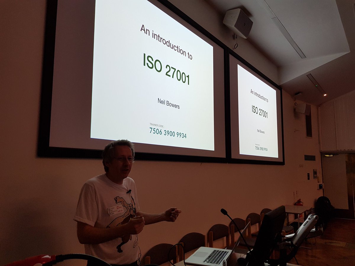 LondonPerl's tweet photo. Long-term #Perl contributor @neilbowers gave up his 20 minute slot to a new speaker and is now doing a 5 minute lightning talk about ISO 27001 at #lpw2018 instead. https://t.co/KklCXt45xV