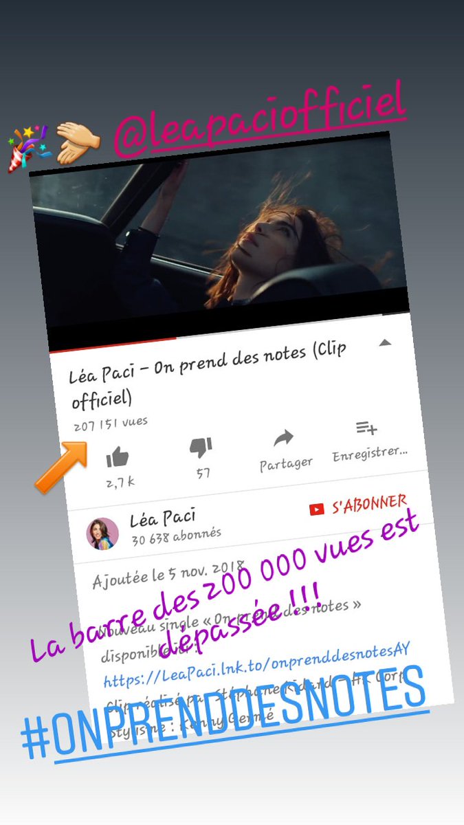 Lyly251's tweet photo. #OnPrendDesNotes @leapaciofficiel 🎉 La barre des 200 000 vues est dépassée !!! 
On continue de partager ce très beau clip 😉
Si vous ne l'avez pas encore vu ou voulez le revoir, rdv ici  ➡ https://t.co/3POG9CEXuN https://t.co/Snvg5KIRwf