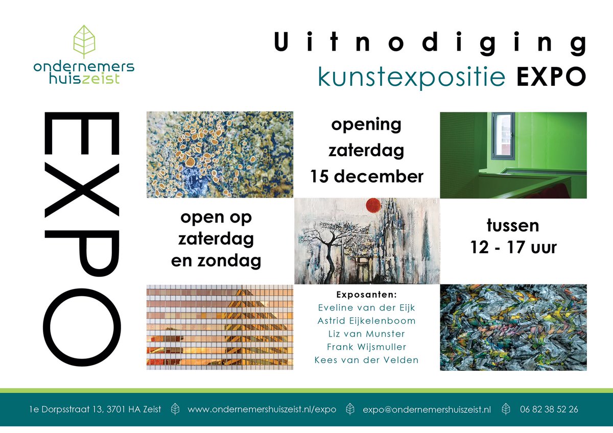 OHZeist's tweet photo. Save the Date! Op zaterdag 15 december start onze derde kunstEXPOsitie.

Onze EXPO is vier opeenvolgende weekeinden tussen 12 en 17 uur te bezoeken. Deze keer op zowel zaterdag als zondag! Zien we je ook?

Kijk voor meer informatie op https://t.co/5Iyj96m5rp https://t.co/ZhYewVa9kJ