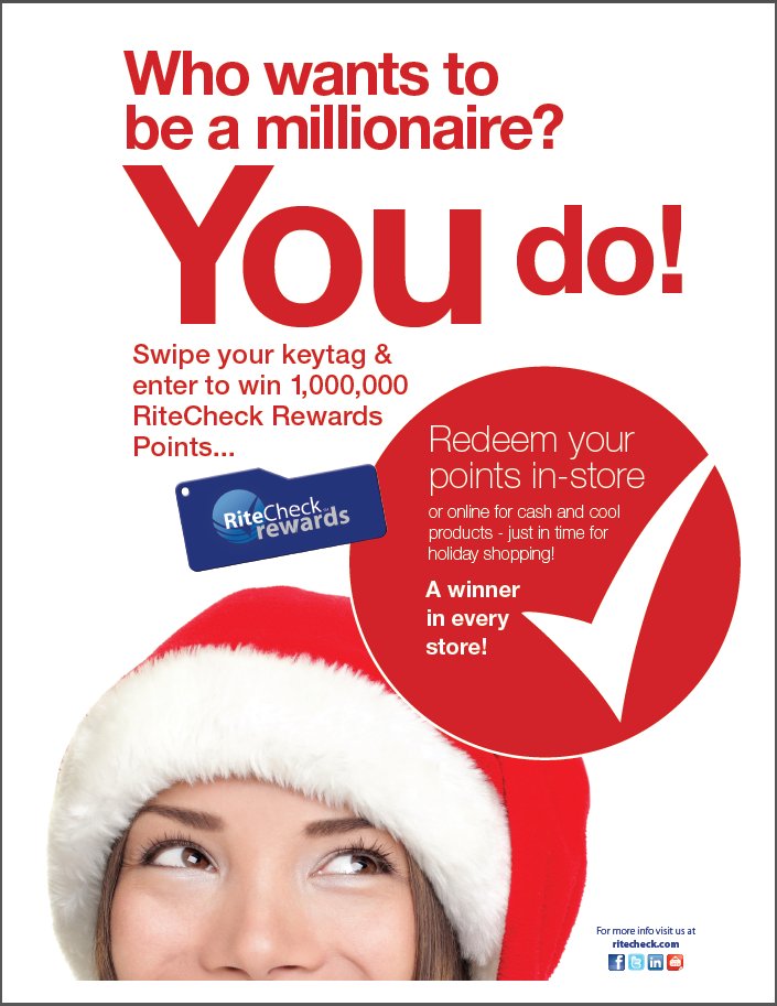 RiteCheck's tweet image. Come to RiteCheck and become a Millionaire.... Swipe your card and enter to win 1,000,000 reward points.
