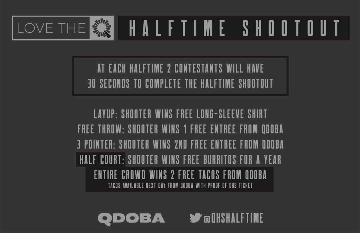 QHShalftime's tweet photo. Tonight’s Halftime Participants (11.24.18)
1. Luke Guthrie @LukeGuthrie 
2. Parker Freiburg  
#FORQUINCY #QHShalftime #LoveTheQ #qdoba #QHSHallOfFame @QHSBASKETBALL https://t.co/8TnkYTMigI