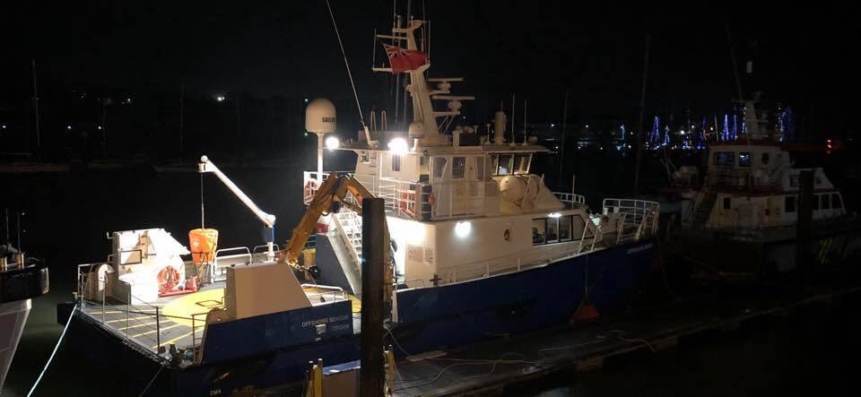 Our next #refit project, 'Offshore Sensor' arriving at the #yard this evening for conversion from #offshorewind #ctv to #coastal #survey #vessel @cowesharbour #marineservices #MarineOperations #workboat #cowes