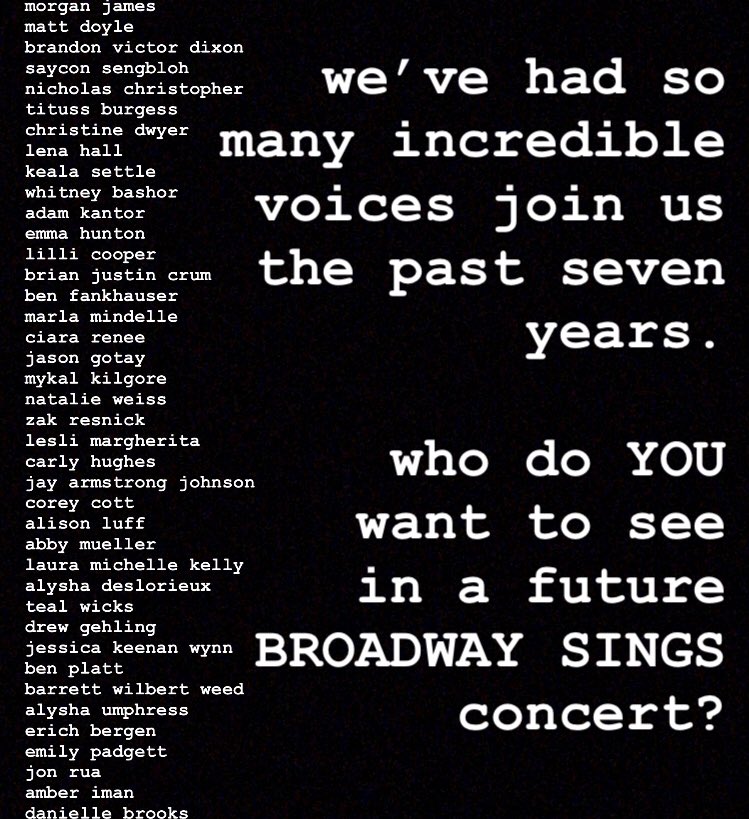 Broadway Sings (@broadwaysings) on Twitter photo this list of powerhouses is quite impressive but we’re always looking for new and exciting Broadway singers to join us at <a href="/BroadwaySings/">Broadway Sings</a>! tag your classic favorites, newcomers, riff wizards, breakout stars, etc.- let us know the singers you’re diggin! broadwaysingsconcert.com this list of powerhouses is quite impressive but we’re always looking for new and exciting Broadway singers to join us at <a href="/BroadwaySings/">Broadway Sings</a>! tag your classic favorites, newcomers, riff wizards, breakout stars, etc.- let us know the singers you’re diggin! broadwaysingsconcert.com