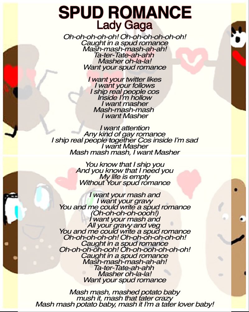 MasherEndgame's tweet photo. It has been 6 weeks since we were blessed with a Friday song (10-13-18) and since EG.

In honor of those momentous occasions, we give you this tasty edit. #MasherandGaga #SpudRomance https://t.co/airRUsSN3B