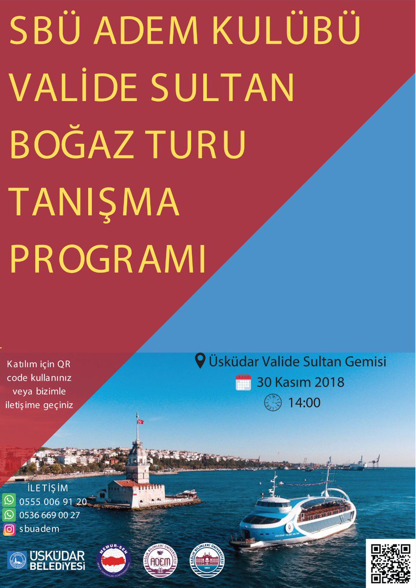 🛳🛳🛳
ADEM(Akademik,Düşünce,Eğitim,Medeniyet) Kulübü olarak 🗒30 Kasım Cuma 🕑14.00 te 📌Üsküdar Valide Sultan Gemisinde Boğaz Turu tanışma Programımıza Sizleri de aramızda görmekten onur duyarız.😊 
🔺Katılım formu için link instagram profilimizde lütfen doldurmayı unutmayın.