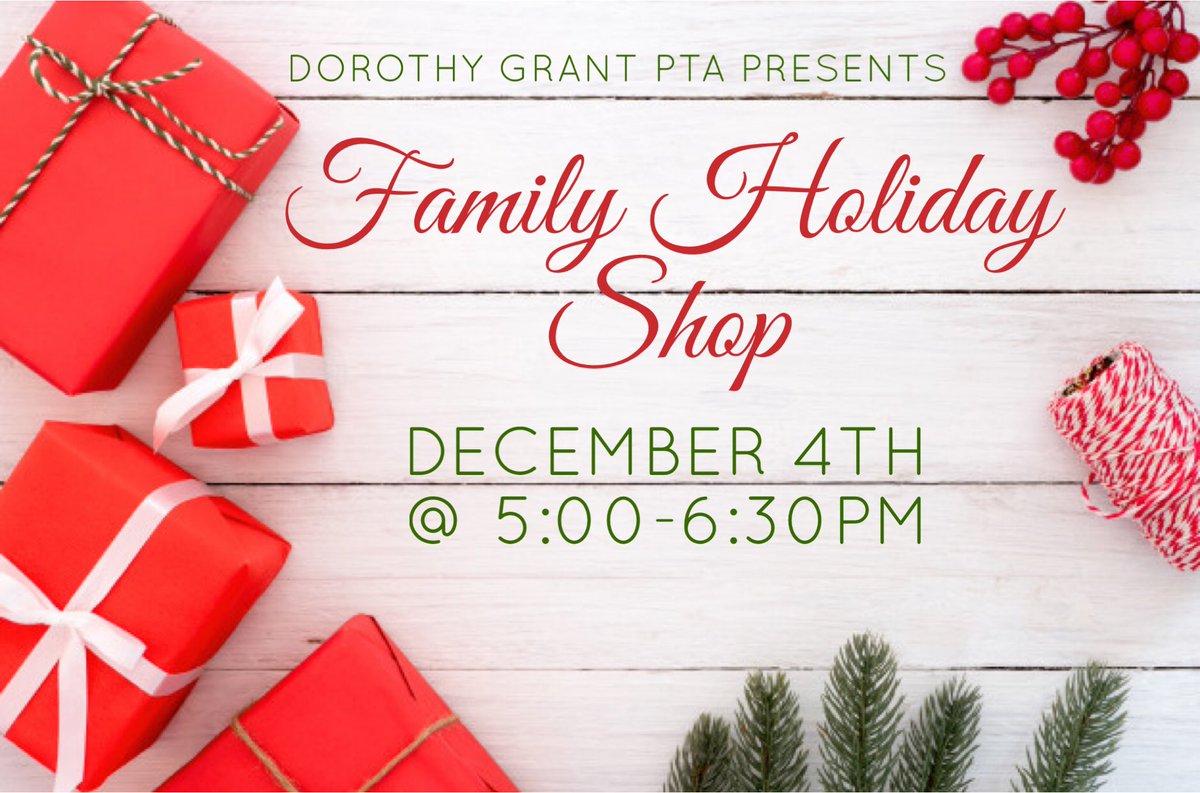 Save the date: December 4th
The Family Holiday Shop is coming to town! 
@DorothyGrantES