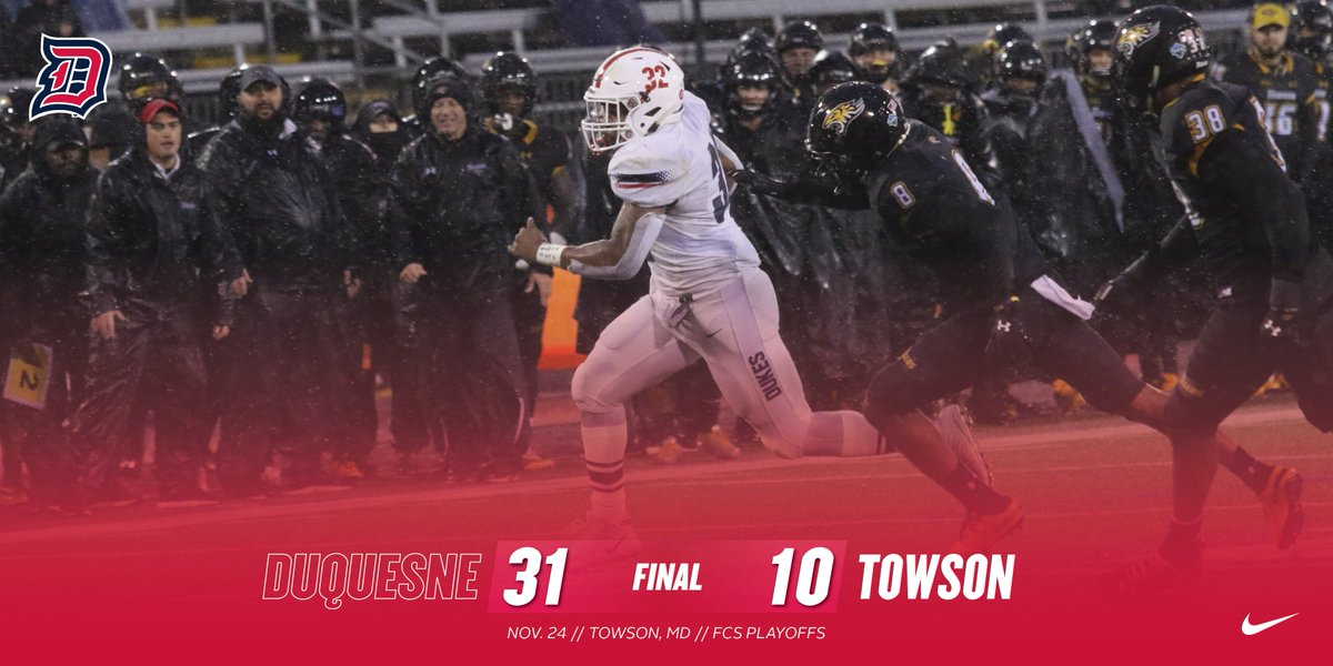 Final / <a href="/DuqFB/">Duquesne Football</a> 31, Towson 10 / The Dukes win their first FCS Playoff game in program history! / #GoDukes