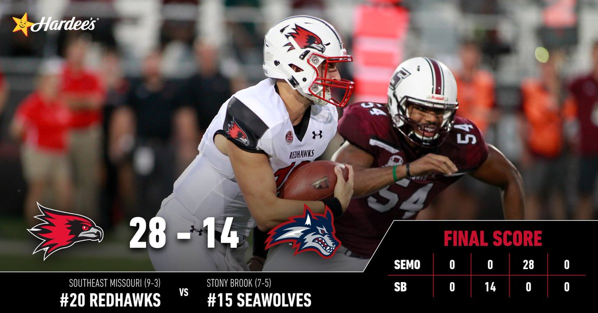 SEMOfootball's tweet image. Your #20 Redhawks are victorious in their first-ever home playoff game after a 28-point third quarter!! Southeast will next face Weber State on Dec. 1 at 3 p.m., CT. #LetsSoar