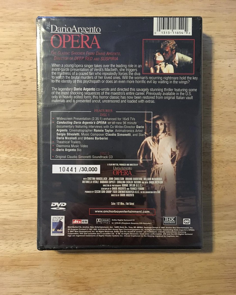 JoeyMedusa's tweet photo. I recently acquired a sealed copy of Anchor Bay’s 2001 limited edition 2 disc set of Dario Argento’s classic 1987 giallo film, ‘Opera’, which includes the original soundtrack. This is copy 10,441 of 30,000. #Opera #TerrorAtTheOpera #DarioArgento #AnchorBayEntertainment #Giallo https://t.co/nQOiEu4OqB