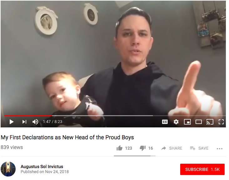 1/12 While Augustus Invictus' declaration that he's the "new head of the Proud Boys" is likely a prank, it does highlight a fluid relationship between the overtly racist elements of the far right & PB, whose disavowal of white nationalism has provided cover for their violence