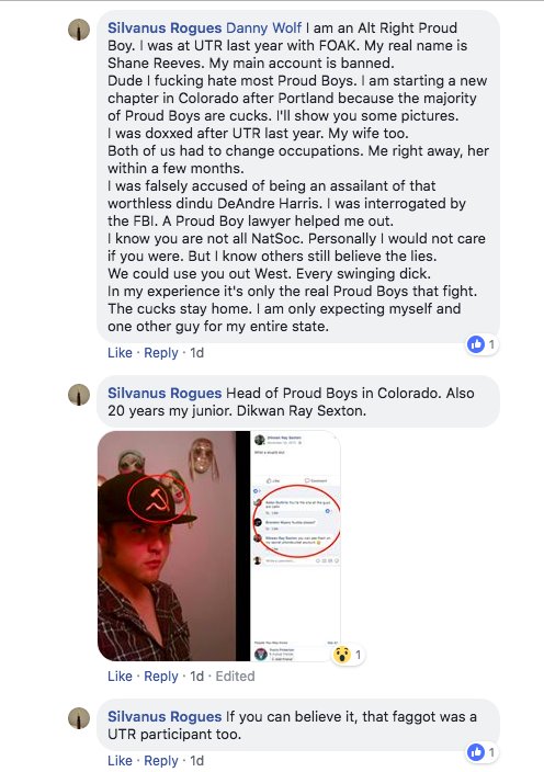 6/12 In this Facebook post, Reeves tries to persuade a white nationalist named Danny Wolf to attend the violent Patriot Prayer rally in Portland, OR on 8/4/18