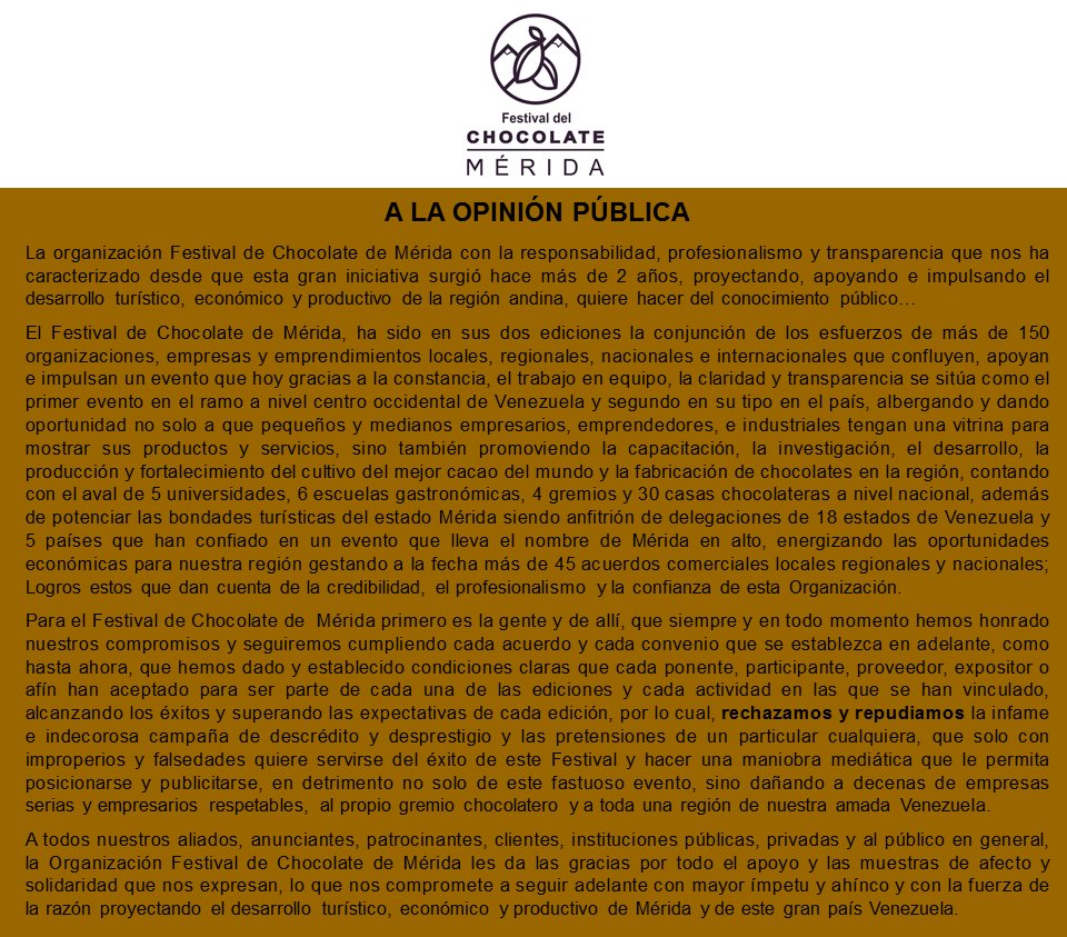 La organización Festival de Chocolate de Mérida, agradeciendo la confianza, la credibilidad, el respaldo y la solidaridad de todos quienes acompañan esta iniciativa