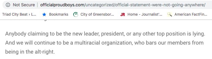 10/12 Meanwhile, the official Proud Boys website posted a statement this morning calling Invictus a "liar," and pledging to "continue to be a multiracial organization, who bars our members from being in the alt-right."