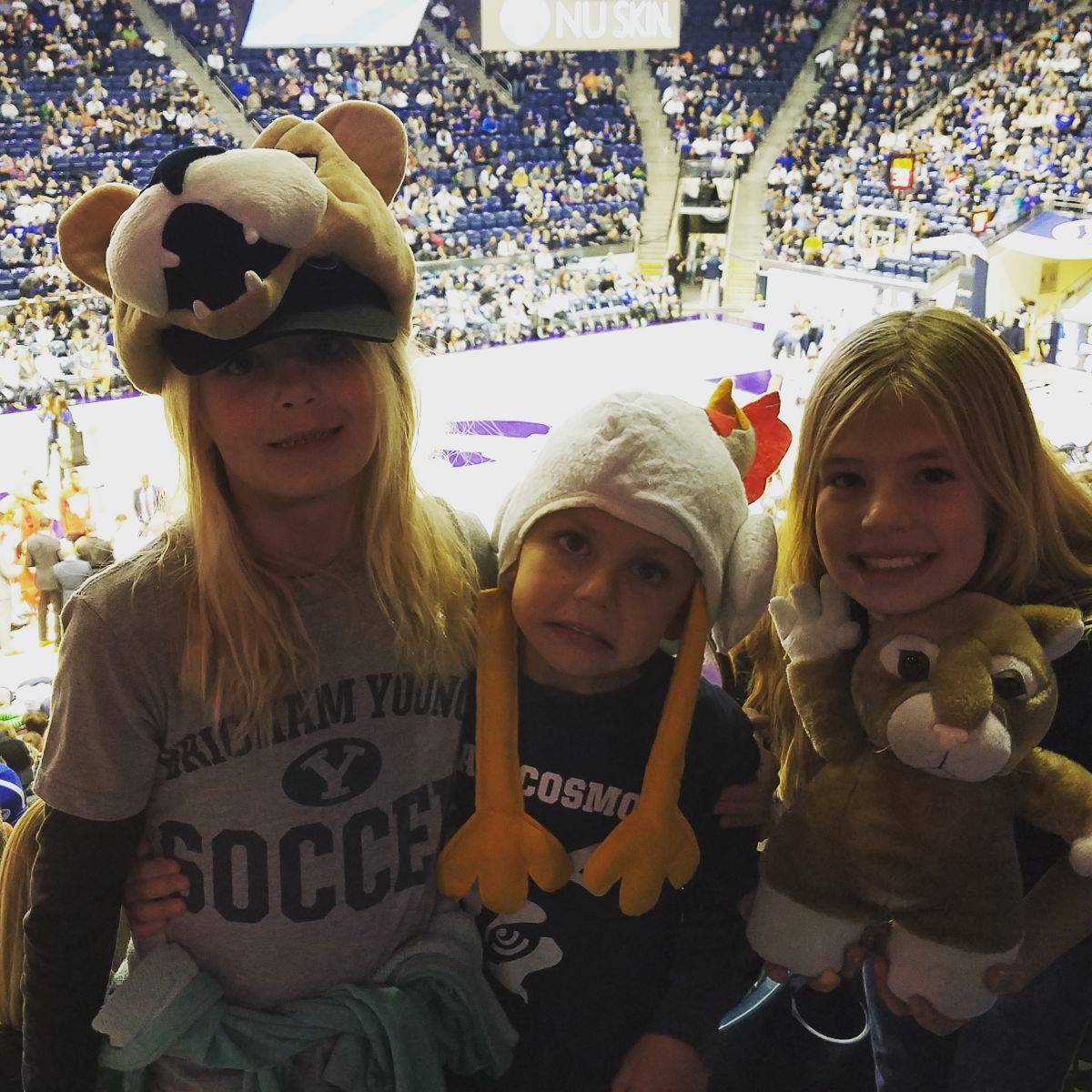 Compliance_Chad's tweet image. Excited to watch @BYUbasketball this afternoon! But couldn't come without Cosmo....and a chicken? #byuhoops section 10, row 16, seats 14-19