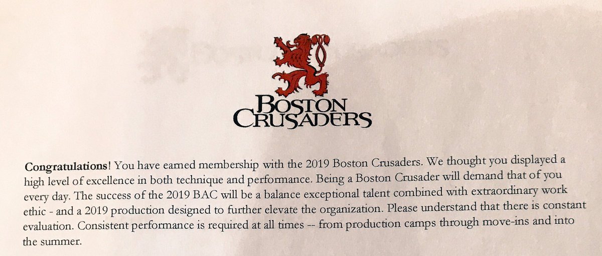 AndrewJC19's tweet photo. I’m officially a member of the 2019 Boston Crusaders https://t.co/5dnDzvxUEe