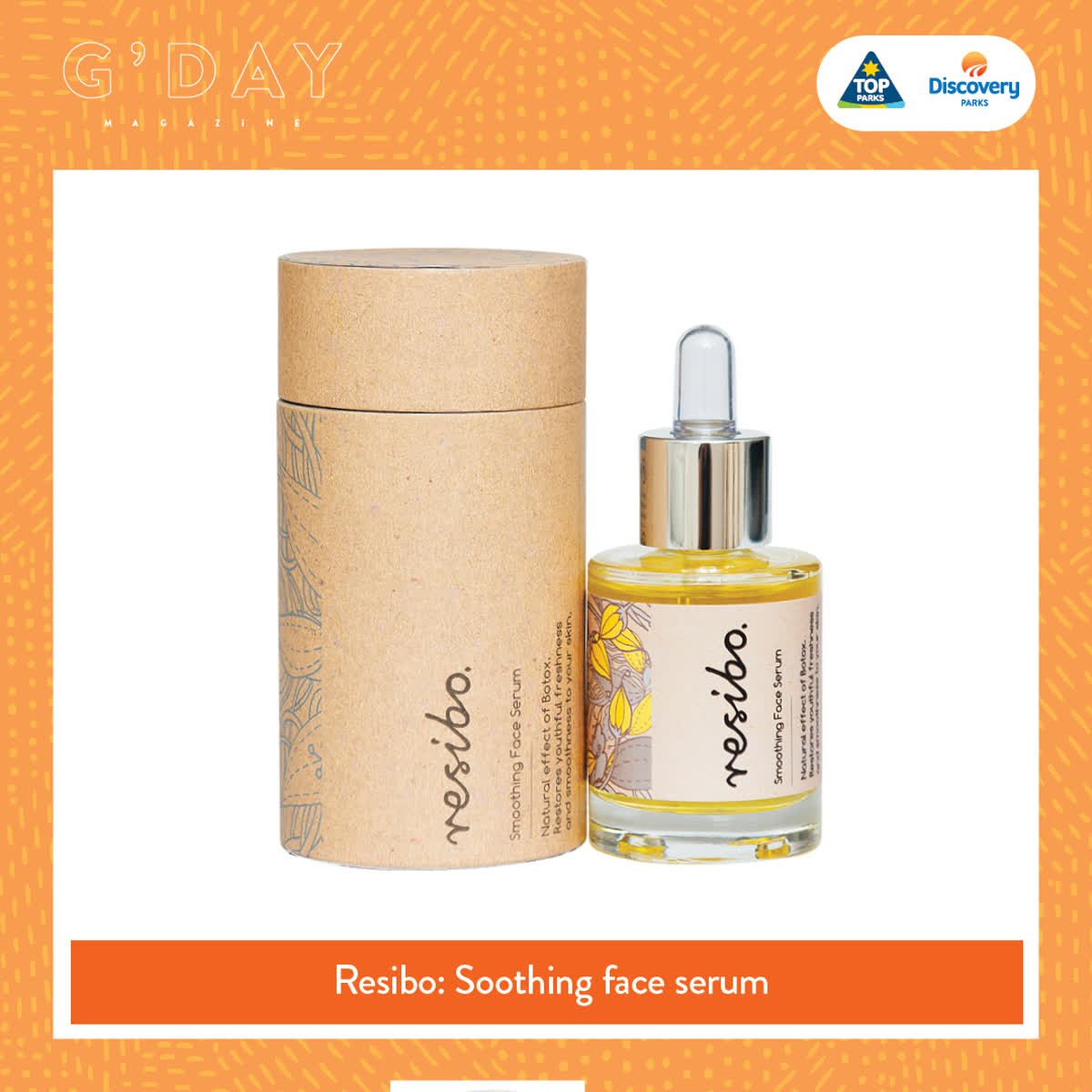 GDAYMagazine's tweet photo. G'DAY Australia, Resibo's soothing face serum helps protect your skin when you're on the road. Visit https://t.co/nXok0xb3Fe to shop online. For more #gday discoveries, get your FREE #gdaymag from @Discovery_Parks #TopParks in #Australia https://t.co/ruP60gcu16 #SeeAustralia https://t.co/IZYR9pQD9J