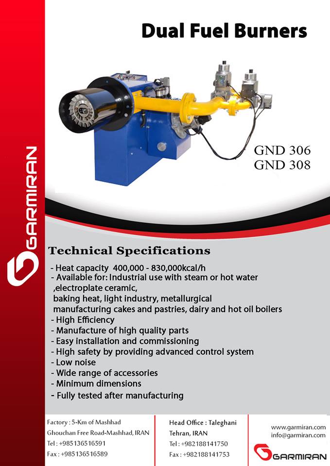 Engineer_ir's tweet image. Garmiran 
Dual Fuel burners (Gas &amp;amp; Oil)  
Small industrial series  
Capacity 400,000-830,000kcal/h 
 garmiran.com 
  #garmiran #burner #gas #oil