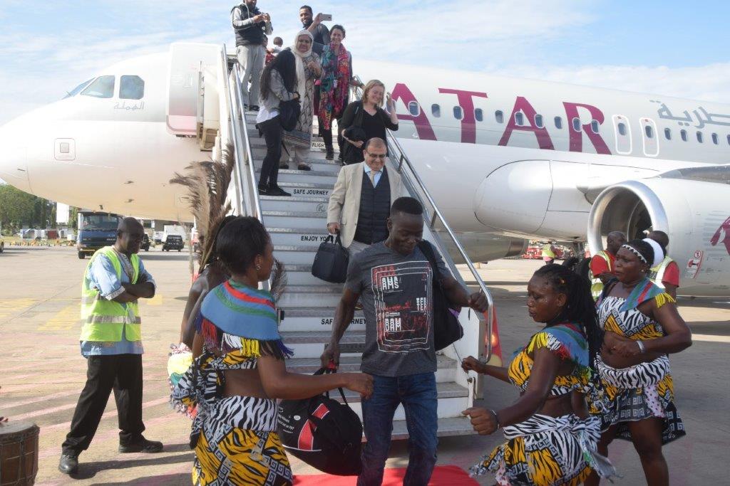 KenyaAirports's tweet photo. Passengers arriving on @qatarairways inaugural flight were given a rousing welcome at the  Moi International Airport in Mombasa. The flight touched down at 8:14 A.M @MagicalKenya @TourismMombasa 
(Repost) https://t.co/xFuyIHn1SF