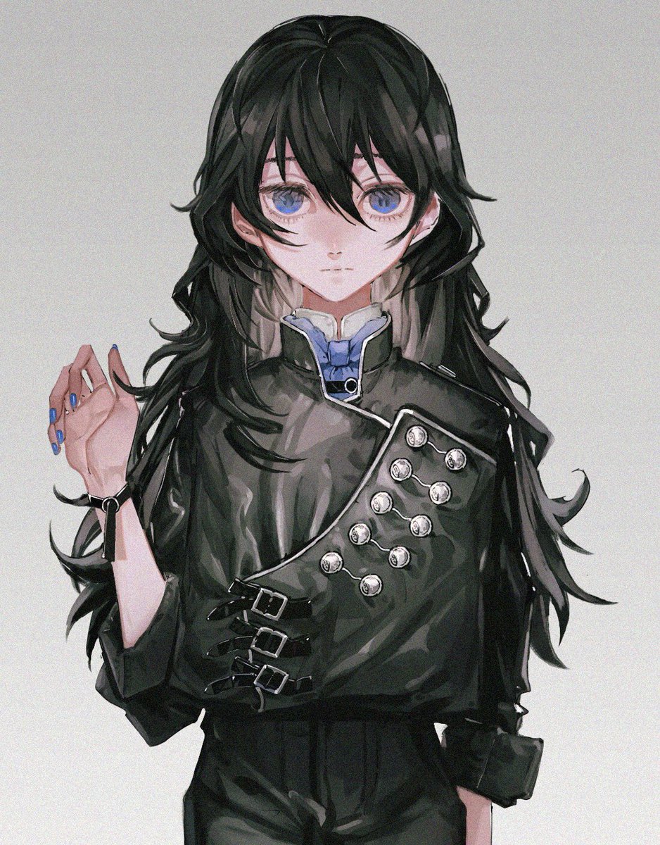 solo long hair blue eyes black hair 1girl blue nails looking at viewer  illustration images