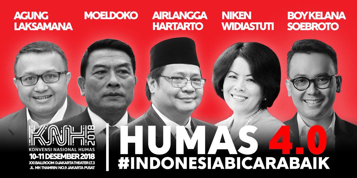 <a href="/AgungLaksamana1/">Agung Laksamana</a> (Ketua Umum Perhumas Indonesia)
<a href="/GeneralMoeldoko/">Moeldoko</a> (Kepala Staff Kepresidenan RI)
<a href="/airlangga_hrt/">Airlangga Hartarto</a> (Menteri Perindustrian RI)
<a href="/boykelanas/">Boy Kelana Soebroto</a> (Kepala Coorporate Communication Astra Internasional)
<a href="/rniken/">R. Niken Widiastuti</a> (Direktur Jenderal Informasi dan Komunikasi Publik)
#KNH2018