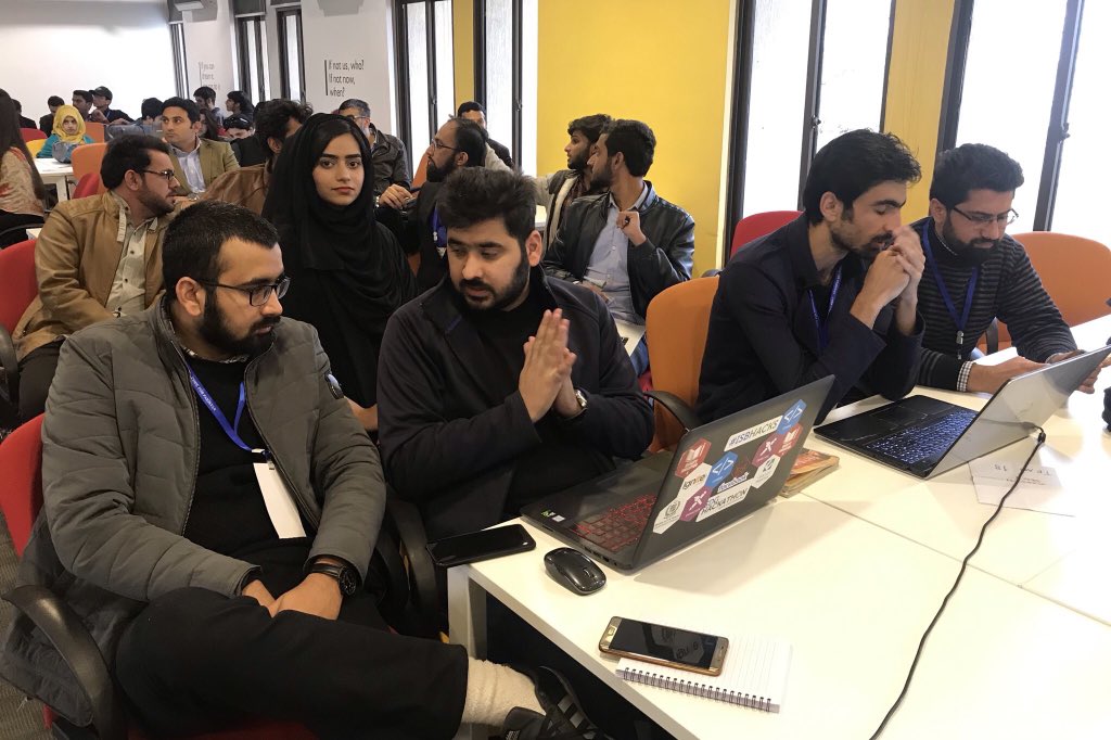 jazzpk's tweet photo. The pitching session has begun at Jazz SDG Hackathon. There’s alot of excitement in the room as the teams anxiously wait to present their innovative civic ideas to the panel of judges. 
#Jazzxlr8 #DigitalPakistan #ISBHacks #CodeForPakistan https://t.co/TQ7Ak0CLIf