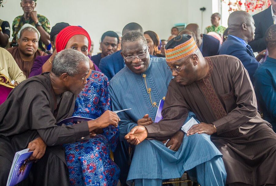 Omojuwa's tweet photo. This is my photo of the week. VP Osinbajo and ex-VP Atiku who go head to head in February as VP candidate and presidential candidate respectively. No matter what happens at the polls, everyone in this photo will be fine and their doors will never be closed against one another! https://t.co/NJjievjmrH