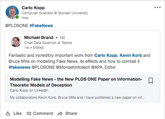Dr Carlo Kopp (@apa_editor) on Twitter photo Dr Michael Brand comments on new paper by Kopp, Korb and Mills - Information-theoretic models of deception: Modelling cooperation and diffusion in populations exposed to "fake news". <a href="/PLOSONE/">PLOS One</a> <a href="/APA_Editor/">Dr Carlo Kopp</a> <a href="/MonashInfotech/">Monash Information Technology</a> #FakeNews doi.org/10.1371/journa… Dr Michael Brand comments on new paper by Kopp, Korb and Mills - Information-theoretic models of deception: Modelling cooperation and diffusion in populations exposed to "fake news". <a href="/PLOSONE/">PLOS One</a> <a href="/APA_Editor/">Dr Carlo Kopp</a> <a href="/MonashInfotech/">Monash Information Technology</a> #FakeNews doi.org/10.1371/journa…