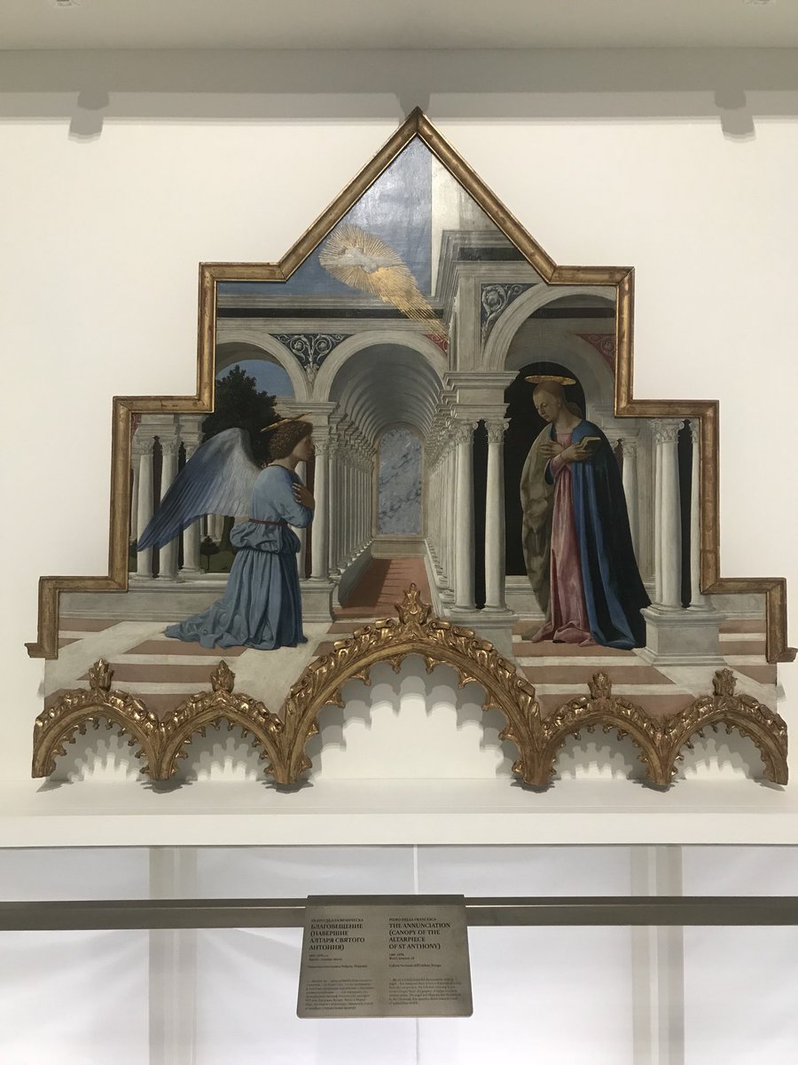 Piero della Francesca's Annunciation panel from the Sant’Antonio polyptych (1467-69) . This beautiful work is currently at the State Hermitage museum for the temporary exhibition. We can’t believe our eyes! #Hermitage #PierodellaFrancesca #HermitageGuide <a href="/RedsunTours/">St. Petersburg Tours</a>