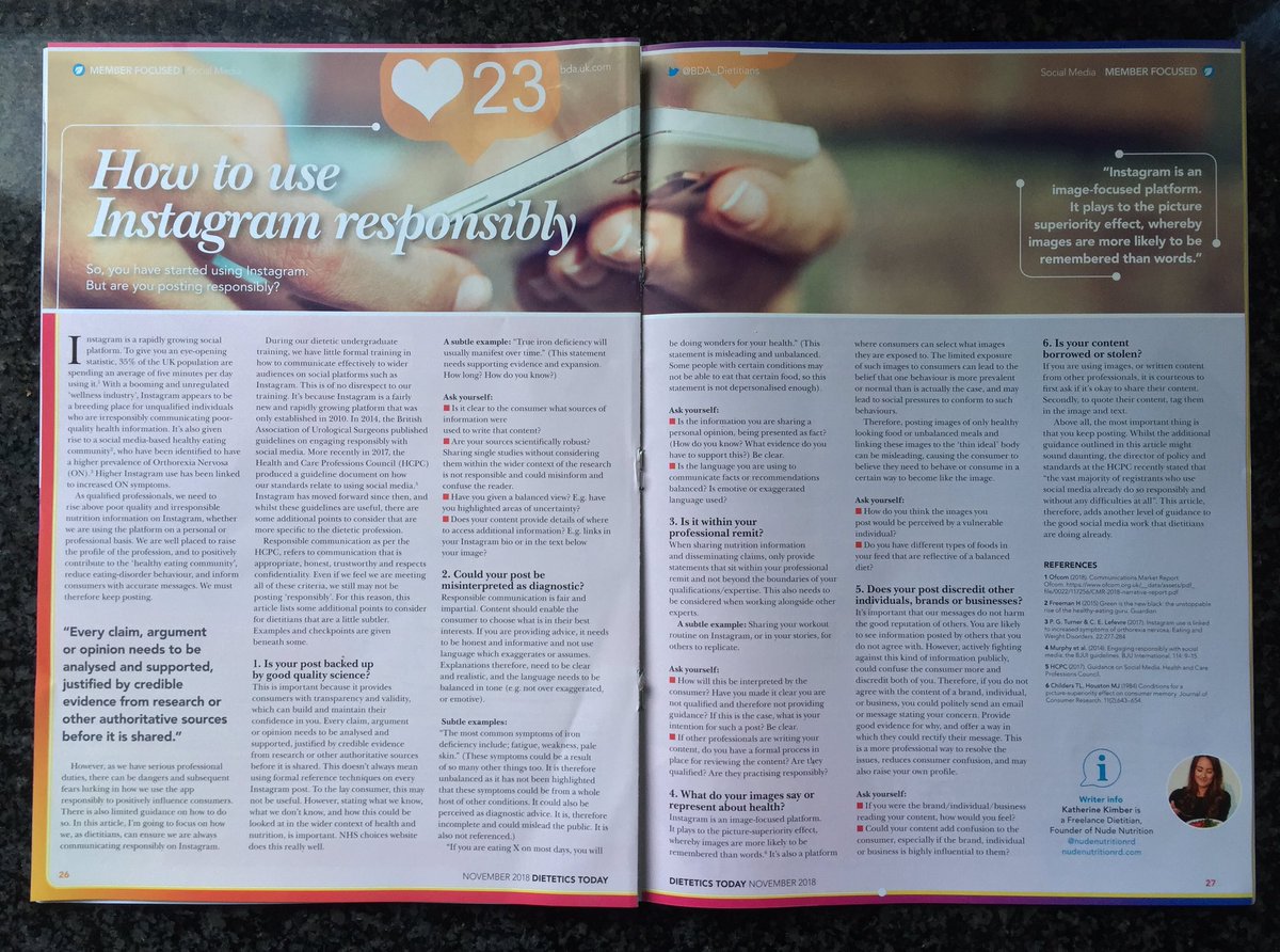 Brilliant article by <a href="/NudeNutritionRD/">Nude Nutrition</a> in Dietetics Today on responsible use of #instagram.

“..as qualified professionals, we need to rise above poor quality and irresponsible nutritional information on Instagram” 🙌

#digitaldietetics