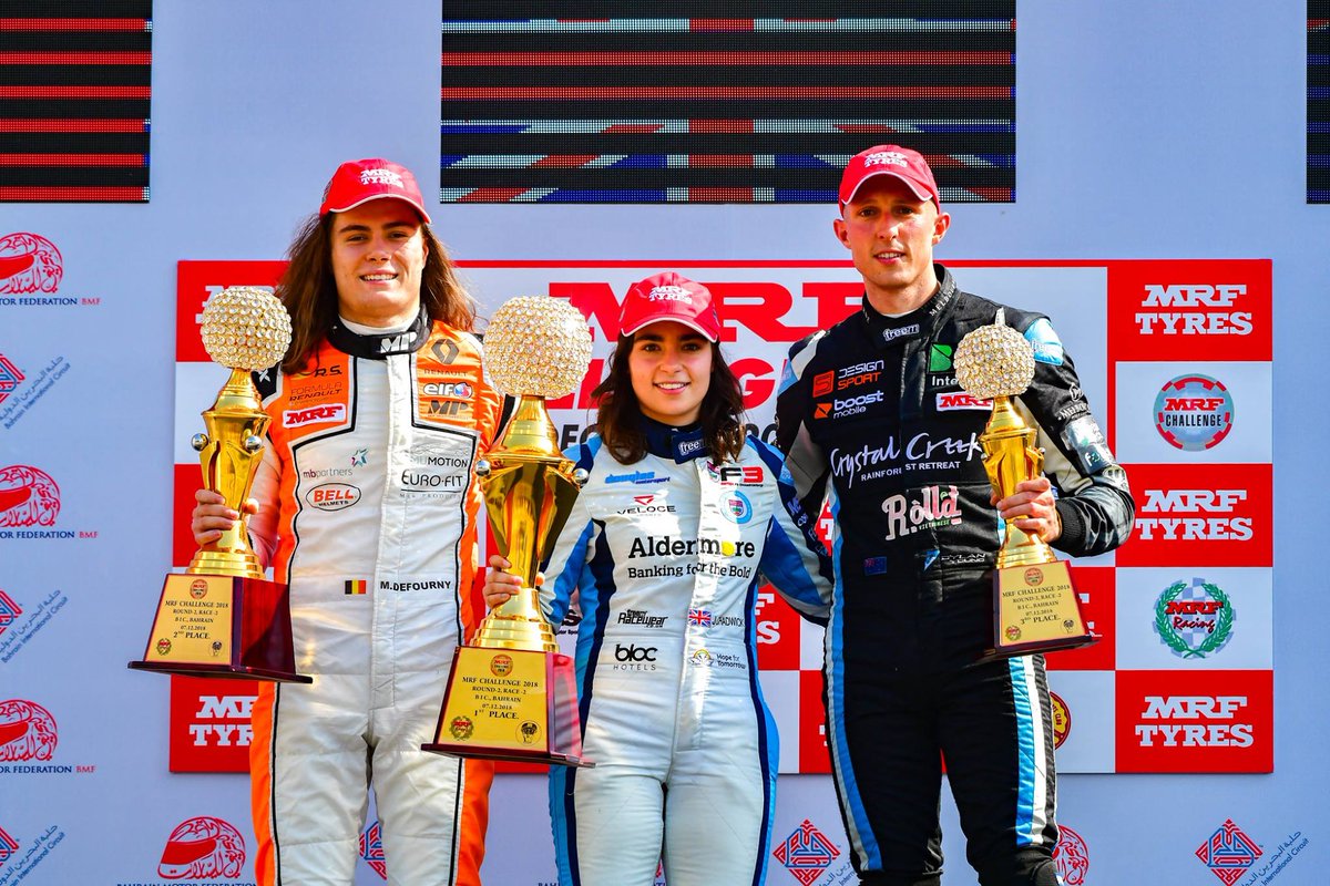 Jamie Chadwick scores three wins in #MRFChallenge round in Bahrain but Max Defourny still is points leader with a win shared with Andreas Estner. Dylan Young, Danial Frost, Patrick Pasma &amp; Petr Ptacek score podiums: bit.ly/2SzE0f5 #MRFChallenge2018 <a href="/MRF_Racing/">MRF Racing</a>