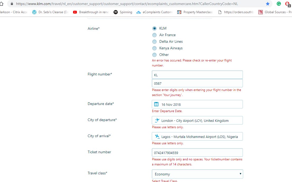 RotimiLadipo's tweet photo. '@KLM @KLM_UK So after a long conversation with you 11 days ago, claiming compensation is now an issue. Your online forms do not work (constantly getting error messages), neither do your customer service number as it keeps cutting off saying: "you are busy at the moment". 1/2 https://t.co/4jjiHbpICr