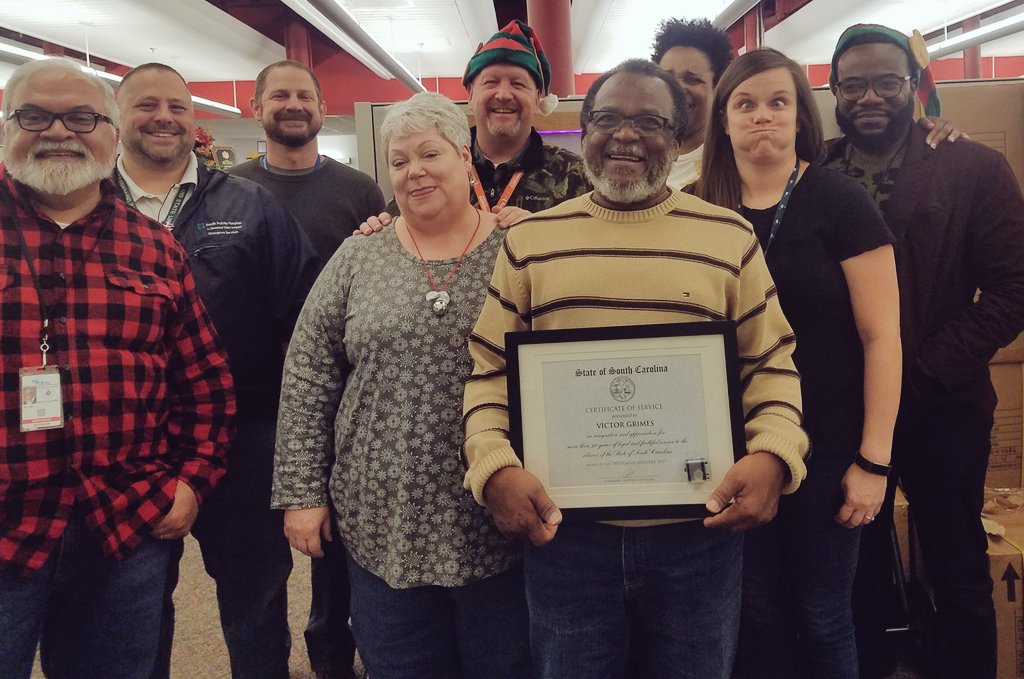 SCEMS1's tweet photo. So proud! SC Bureau of EMS and Deputy Director Shelly Kelly on hand for our annual holiday breakfast and to recognize Mr. Victor Grimes, EMS Data Division Director for THIRTY YEARS of service to SC EMS ! Thank you, Victor for your commitment to our citizens. https://t.co/QpYLPEL2u3