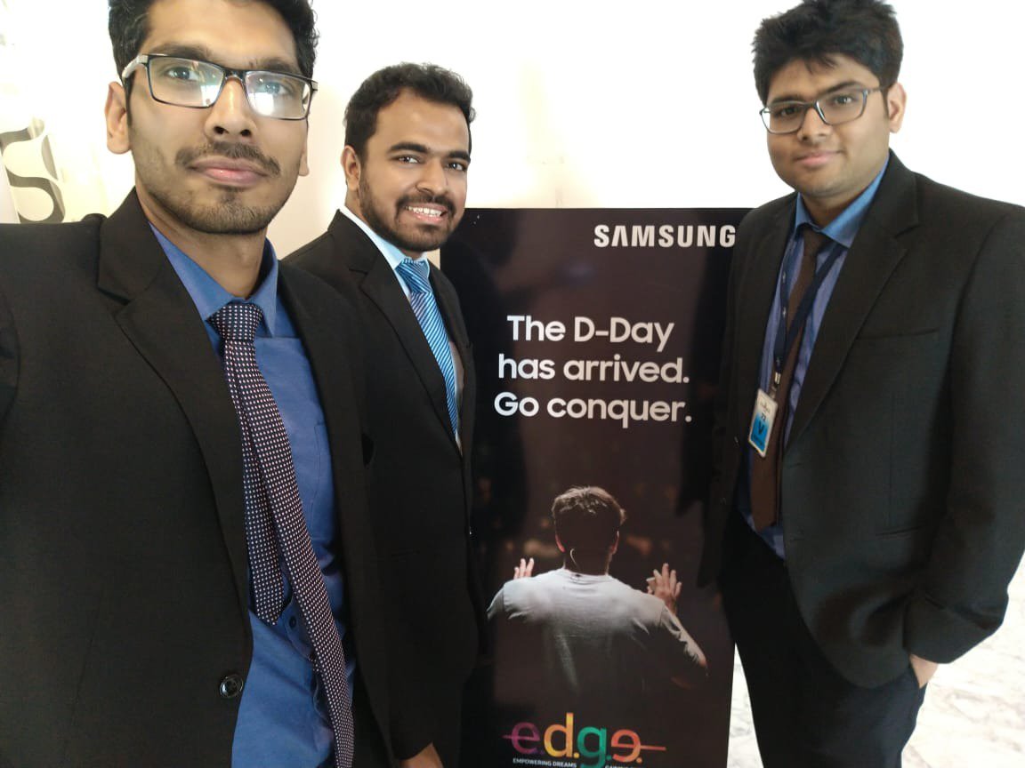 IIMMumbai's tweet photo. A hearty congratulations to Team Inception:
Members are
Lionel Gracias
Anand Prakash
Anubhav Kumar who emerged as the campus round winners &amp; national semi-finalists for Samsung E.D.G.E. @SamsungMobileIN
#NITIE
#Samsung #EDGE2018 #EmpoweringDreams #GainingExcellence https://t.co/QPaUKJDSGd