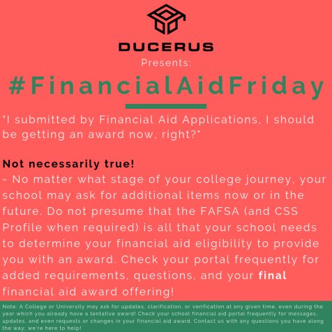 AskHeadquarters's tweet photo. Another #FinancialAidFriday for everyone! Do not presume that once your #FAFSA (and #CSSProfile if required) is submitted, that the work is done! Many schools ask for more info, clarification, or simply #verification of what you already provided! Contact us with your questions. https://t.co/UTZHv8uXri