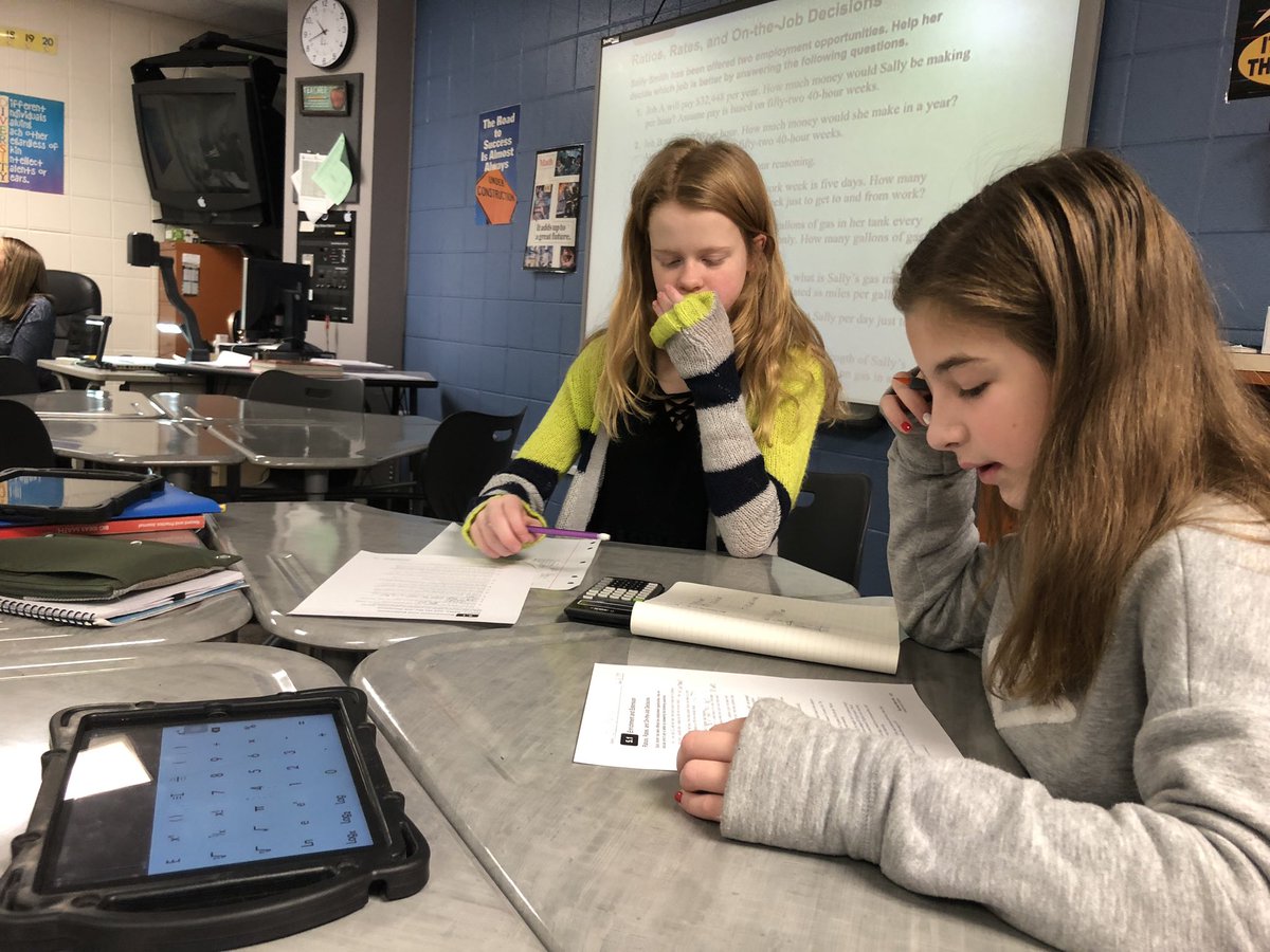 tpteach's tweet photo. The 7th grade Ss in Mrs. Stepp’s math class @LarsonMS are comparing two different job options. They are considering rates of pay, gas mileage, and quality of food!
It’s nice to hear kids talking about costs of real things and creating arguments weighing their options.
#rebelmath https://t.co/eRzHeQ075y