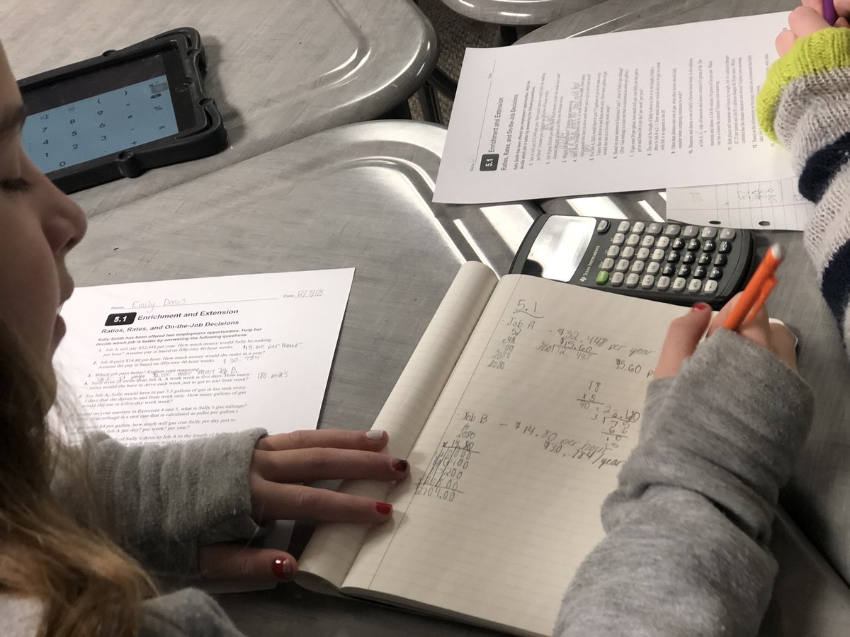 tpteach's tweet photo. The 7th grade Ss in Mrs. Stepp’s math class @LarsonMS are comparing two different job options. They are considering rates of pay, gas mileage, and quality of food!
It’s nice to hear kids talking about costs of real things and creating arguments weighing their options.
#rebelmath https://t.co/eRzHeQ075y