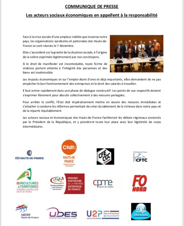 FredericMotte's tweet photo. Les acteurs sociaux économiques ⁦@hautsdefrance⁩ rassemblés appellent à la responsabilité au dialogue aux réformes ⁦@MedefHdF⁩ @cpme ⁦@U2P_france⁩ ⁦@CFDT⁩ ⁦@SyndicatCFTC⁩ ⁦@CFECGC⁩  @forceouvriere ⁦@UDESnationale⁩ ⁦@UNSA_officiel⁩ https://t.co/HK4X3zjcZw