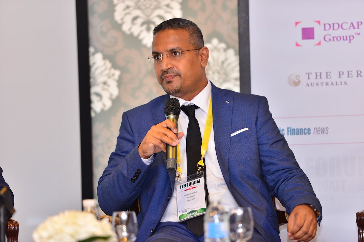 Finterra2u's tweet image. Finterra Founder, Hamid Rashid was recently a speaker at the #IFN Kuwait Forum Fintech Huddle session. Alongside him was Robin Lee from HelloGold, and Lawrence Oliver the Director and the Deputy Chief Executive Officer of #DDCAP Limited London as the moderator. 
#IFNKuwait2018
