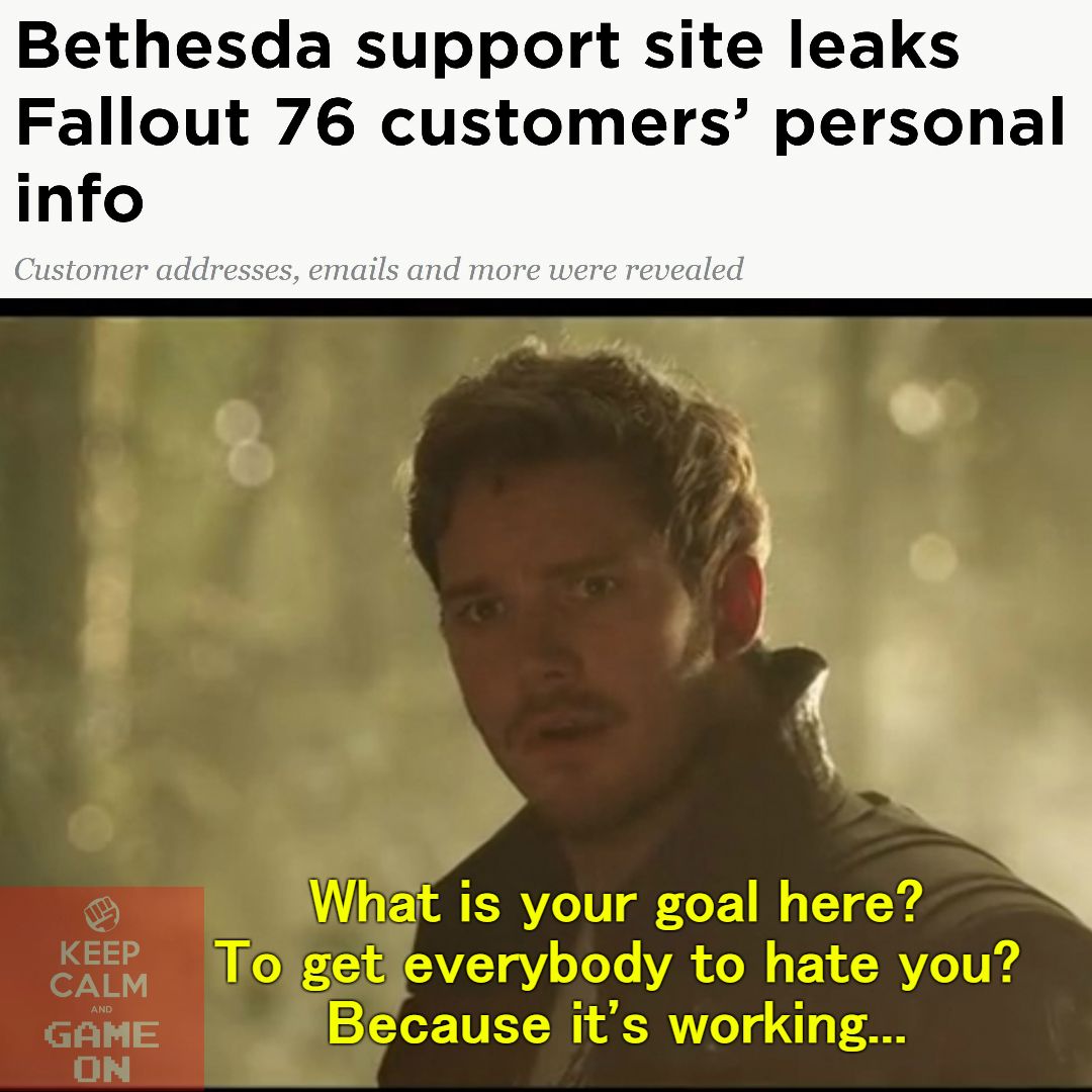 KCGOpodcast's tweet photo. I started to feel bad for them, but the hits just keep on coming
#Fallout76 #Bethesda #fail #podcast #gamer #videogames #KeepCalmAndGameOn #memes #funny #lol #StarLord #GuardiansOfTheGalaxyVol2 #Marvel #podcast #nylondbag #smh #ChrisPratt #Rocket #GotG https://t.co/dJckFlG8Wr