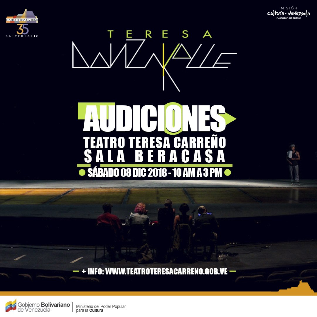 teresacarreno's tweet photo. Se acercan las audiciones del TDK, este #08Dic en la Sala Beracasa tendrás la oportunidad de audicionar para ser parte del proyecto Teresa DanzaKalle, en nuestra página web podrás ver los requisitos https://t.co/VYq2cuPpwS