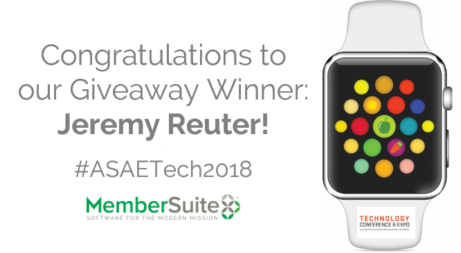 membersuite's tweet image. And the winner of the Apple Watch Series 4 (GPS + Cellular) giveaway is... Jeremy Reuter from the American Public Transportation Association! Congratulations and thank you for stopping by the MemberSuite booth at ASAE Tech. We will be contacting you shortly. #TECH18 #ASAETech2018