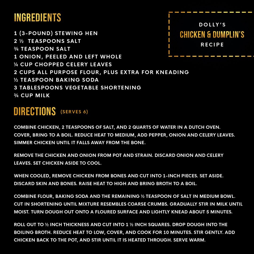 DollyParton's tweet photo. #DUMPLIN is out TODAY on @netflix and if you wanna treat yourself to dinner and a movie here's one of my favorite recipes that's just perfect for the occasion... Chicken &amp; DUMPLIN's, y'all! 😉 https://t.co/GH0Vddltgz
