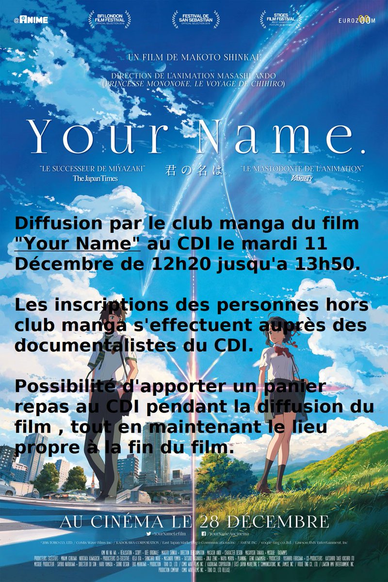 CDILangevin13's tweet photo. Les élèves du Club Manga organisent une projection 👏㊗️
Your Name c'est mardi 11 décembre à 12h20 au CDI 📽️🐼🎋🍙🇯🇵 https://t.co/bjNLYdz6zn
