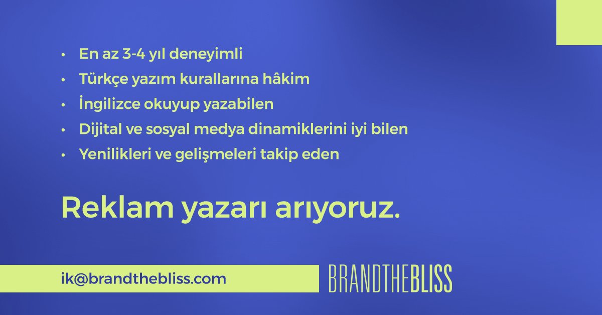 [İş İlanı] Brand The Bliss, Reklam Yazarı Arıyor! bigumigu.com/is-ilani/rekla… #kariyer