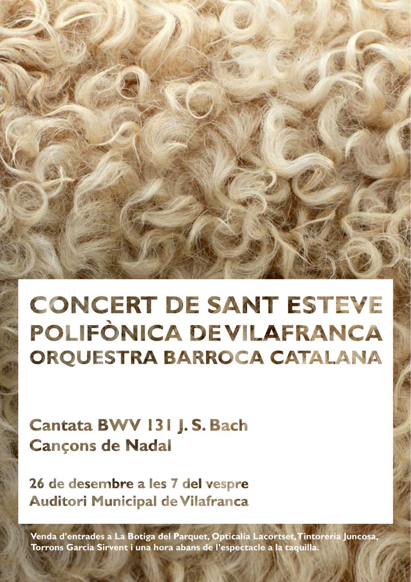 Us presentem el cartell pel concert de Sant Esteve! 
El 26/12/18 a les 19h a l'Auditori de Vilafranca!
Podeu comprar les entrades a La Botiga del Parquet, Tintoreria Juncosa, Torrons Garcia Sirvent i Opticalia Lacortset
<a href="/obarroca/">Orquestra Barroca Catalana</a>
#santesteve #concert #música