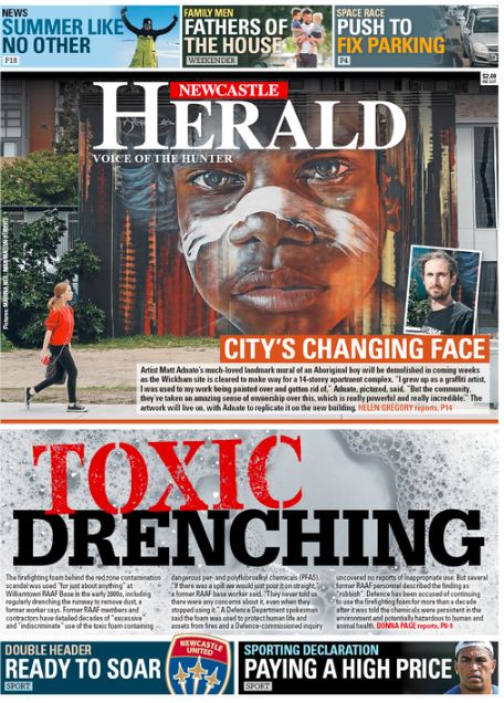 LisaMAllan's tweet photo. Wickham's much-loved artwork to disappear, but not forever. And former RAAF workers tell of covering the runway in toxic foam - daily. Great work as always from @DonnaPageJourno @HGregory_Herald @MaxMasonHubers @MarinasMarina @newcastleherald https://t.co/C3fB1sKE6v