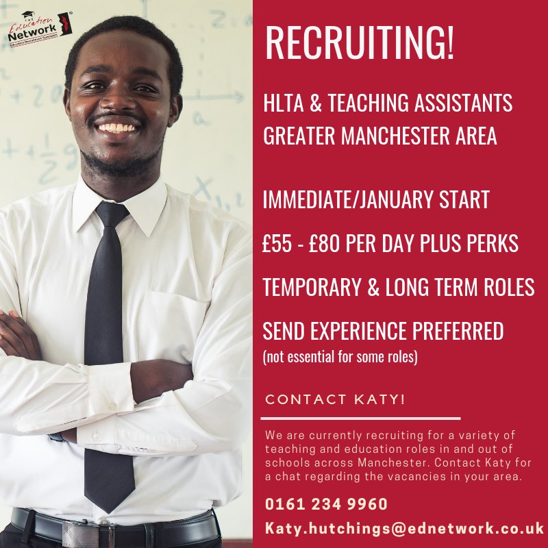 TheEduNetMcr's tweet photo. We're currently recruiting #HLTA &amp; Level 2 &amp; 3 #Teaching Assistants for Reception, Primary and Secondary #Schools across #Manchester. See if you're right for the role here https://t.co/dUYMedBqZk https://t.co/ZSPWiQWRPF