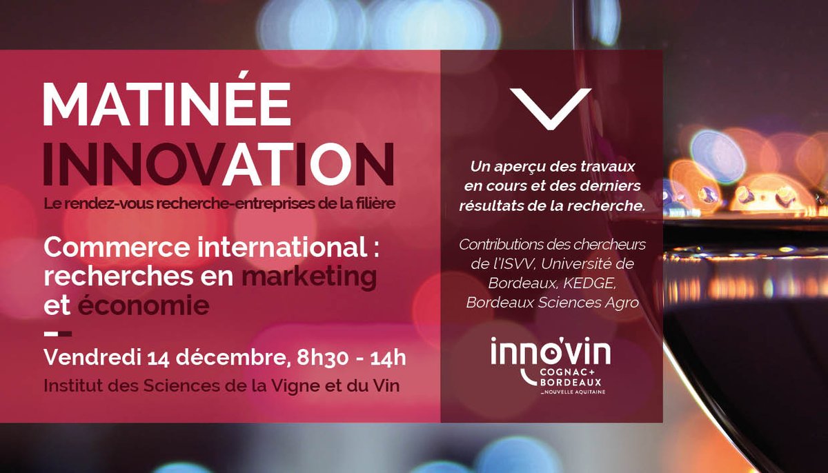 Quels sont les marchés émergents du #vin et du #cognac ? C'est le thème de la Matinée innovation <a href="/Inno_vin/">🍇INNO'VIN🍷</a>  <a href="/isvv_bordeaux/">ISVV - Institut des Sciences de la Vigne et du Vin</a> ce vendredi :  bit.ly/2G26I6U
#anticiper #strategie #marketing #WineMorning
