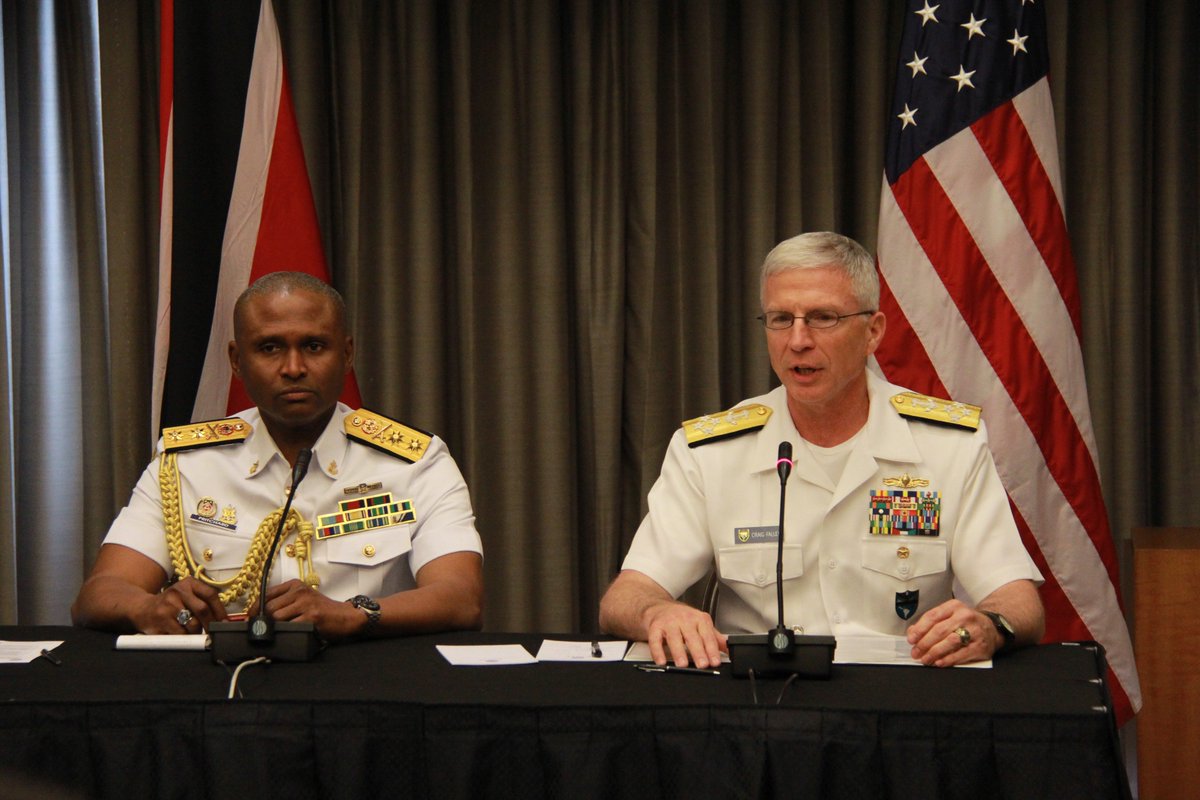 Southcom's tweet photo. Adm Faller told reporters in #TrinidadandTobago that #CANSEC18 provided a clear vision of how US & #Caribbean forces will partner to counter threats & respond to crisis. He praised the strong relationship w/ @TTDefenceForce, who hosted 2 multinational exercises this year. @ttusa https://t.co/mF5Cfusf4L